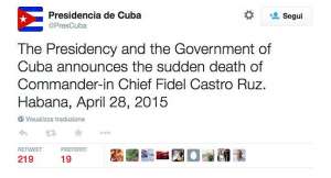 Su Twitter annuncio morte Fidel Castro